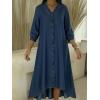 image:imagechouyatou Womens Ruffle Button Down Denim Midi Long Dress 34 Sleeve High How Jean Dress with PocketsDark Blue