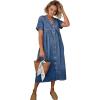 image:imagechouyatou Womens Short Sleeve Denim Shirt Dress Business Casual VNeck Midi Long Jean Dress with PocketsBlue