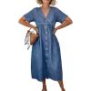 image:imagechouyatou Womens Short Sleeve Denim Shirt Dress Business Casual VNeck Midi Long Jean Dress with PocketsBlue
