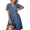 image:imagechouyatou Womens Short Sleeve Denim Shirt Dress Business Casual VNeck Midi Long Jean Dress with PocketsBlue