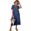 image:imagechouyatou Womens Short Sleeve Denim Shirt Dress Business Casual VNeck Midi Long Jean Dress with PocketsDark Blue