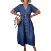 image:imagechouyatou Womens Short Sleeve Denim Shirt Dress Business Casual VNeck Midi Long Jean Dress with PocketsDark Blue