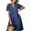 image:imagechouyatou Womens Short Sleeve Denim Shirt Dress Business Casual VNeck Midi Long Jean Dress with PocketsDark Blue
