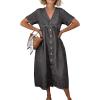 image:imagechouyatou Womens Short Sleeve Denim Shirt Dress Business Casual VNeck Midi Long Jean Dress with PocketsGrey
