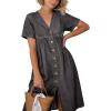 image:imagechouyatou Womens Short Sleeve Denim Shirt Dress Business Casual VNeck Midi Long Jean Dress with PocketsGrey