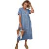 image:imagechouyatou Womens Short Sleeve Denim Shirt Dress Business Casual VNeck Midi Long Jean Dress with PocketsLight Blue