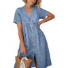 image:imagechouyatou Womens Short Sleeve Denim Shirt Dress Business Casual VNeck Midi Long Jean Dress with PocketsLight Blue