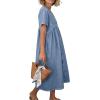 image:imagechouyatou Womens Short Sleeve Denim Shirt Dress Business Casual VNeck Midi Long Jean Dress with PocketsLight Blue