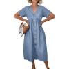 image:imagechouyatou Womens Short Sleeve Denim Shirt Dress Business Casual VNeck Midi Long Jean Dress with PocketsLight Blue