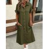 image:imagechouyatou Womens Short Sleeve Jean Dress Button Front Summer A Line Midi Denim Shirt Dress with PocketsArmy Green