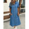 image:imagechouyatou Womens Short Sleeve Jean Dress Button Front Summer A Line Midi Denim Shirt Dress with PocketsAzure