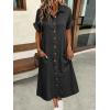 image:imagechouyatou Womens Short Sleeve Jean Dress Button Front Summer A Line Midi Denim Shirt Dress with PocketsBlack Grey