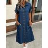 image:imagechouyatou Womens Short Sleeve Jean Dress Button Front Summer A Line Midi Denim Shirt Dress with PocketsBlue
