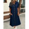 image:imagechouyatou Womens Short Sleeve Jean Dress Button Front Summer A Line Midi Denim Shirt Dress with PocketsDark Blue