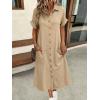 image:imagechouyatou Womens Short Sleeve Jean Dress Button Front Summer A Line Midi Denim Shirt Dress with PocketsKhaki