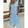 image:imagechouyatou Womens Short Sleeve Jean Dress Button Front Summer A Line Midi Denim Shirt Dress with PocketsLight Blue