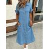 image:imagechouyatou Womens Short Sleeve Jean Dress Button Front Summer A Line Midi Denim Shirt Dress with PocketsWashed Blue