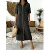 image:imagechouyatou Womens Summer Button Down Denim Shirt Dress Casual Short Sleeve Distressed Jean Long Dress with PocketsBlack