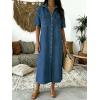 image:imagechouyatou Womens Summer Button Down Denim Shirt Dress Casual Short Sleeve Distressed Jean Long Dress with PocketsBlue