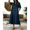 image:imagechouyatou Womens Summer Button Down Denim Shirt Dress Casual Short Sleeve Distressed Jean Long Dress with PocketsDark Blue