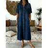 image:imagechouyatou Womens Summer Button Down Denim Shirt Dress Casual Short Sleeve Distressed Jean Long Dress with PocketsDark Blue