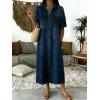 image:imagechouyatou Womens Summer Button Down Denim Shirt Dress Casual Short Sleeve Distressed Jean Long Dress with PocketsDark Blue