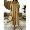 image:imagechouyatou Womens Summer Button Down Denim Shirt Dress Casual Short Sleeve Distressed Jean Long Dress with PocketsKhaki
