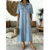 image:imagechouyatou Womens Summer Button Down Denim Shirt Dress Casual Short Sleeve Distressed Jean Long Dress with PocketsLight Blue