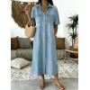 image:imagechouyatou Womens Summer Button Down Denim Shirt Dress Casual Short Sleeve Distressed Jean Long Dress with PocketsLight Blue
