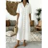 image:imagechouyatou Womens Summer Button Down Denim Shirt Dress Casual Short Sleeve Distressed Jean Long Dress with PocketsWhite