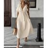 image:imagechouyatou Womens Summer Short Sleeve Cotton Dress V Neck Bowknot A Line Flare Midi Dress with PocketsBeige