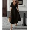 image:imagechouyatou Womens Summer Short Sleeve Cotton Dress V Neck Bowknot A Line Flare Midi Dress with PocketsBlack