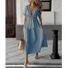 image:imagechouyatou Womens Summer Short Sleeve Cotton Dress V Neck Bowknot A Line Flare Midi Dress with PocketsBlue