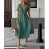 image:imagechouyatou Womens Summer Short Sleeve Cotton Dress V Neck Bowknot A Line Flare Midi Dress with PocketsDark Green