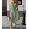 image:imagechouyatou Womens Summer Short Sleeve Cotton Dress V Neck Bowknot A Line Flare Midi Dress with PocketsGreen
