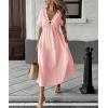 image:imagechouyatou Womens Summer Short Sleeve Cotton Dress V Neck Bowknot A Line Flare Midi Dress with PocketsPink