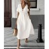 image:imagechouyatou Womens Summer Short Sleeve Cotton Dress V Neck Bowknot A Line Flare Midi Dress with PocketsWhite