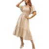 image:imageCHOUYATOU Womens Boho Swiss Dot Smocked Dress Embroidery Ruffle Short Sleeve Flowy Beach Party Midi Long DressesApricot
