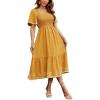 image:imageCHOUYATOU Womens Boho Swiss Dot Smocked Dress Embroidery Ruffle Short Sleeve Flowy Beach Party Midi Long DressesYellow