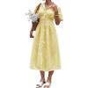 image:imagechouyatou Womens 2026 Summer Casual Striped Maxi Long Shirt Dress Pleated Button Down Short Sleeve Tunic DressYellow