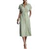 image:imagechouyatou Womens Boho Striped Floral Belted Shirt Dress Short Sleeve Casual Loose Button Down Midi Long DressGreen