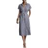 image:imagechouyatou Womens Boho Striped Floral Belted Shirt Dress Short Sleeve Casual Loose Button Down Midi Long DressNavy