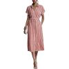 image:imagechouyatou Womens Boho Striped Floral Belted Shirt Dress Short Sleeve Casual Loose Button Down Midi Long DressRed