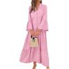 image:imagechouyatou Womens Cotton Linen Button Up Dress 34 Sleeve Flowy Ruffle Tiered Midi Long DressPink