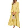 image:imagechouyatou Womens Cotton Linen Button Up Dress 34 Sleeve Flowy Ruffle Tiered Midi Long DressYellow