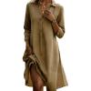 image:imagechouyatou Womens Distressed Denim Polo Shirt Dress Casual Loose 34 Sleeve A Line Pleated Midi Long Jean DressKhaki