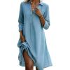 image:imagechouyatou Womens Distressed Denim Polo Shirt Dress Casual Loose 34 Sleeve A Line Pleated Midi Long Jean DressLight Blue
