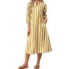 image:imagechouyatou Womens Elegant 34 Sleeve Striped Shirt Dress VNeck Collared Midi Long Beach Dress with PocketsYellow