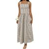 image:imagechouyatou Womens Retro Plaid Smocked Long Dress Boho Gingham Beach Dresses Sexy Spaghetti Strap Swing Pleated DressKhaki