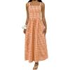 image:imagechouyatou Womens Retro Plaid Smocked Long Dress Boho Gingham Beach Dresses Sexy Spaghetti Strap Swing Pleated DressOrange